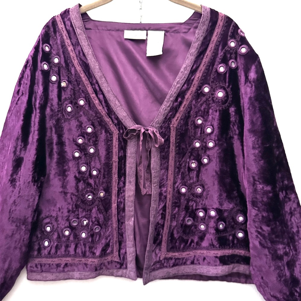 Vintage XL Witchy Tie Front Cardigan Jacket Velvet Mirror Embroidered Grape Goth